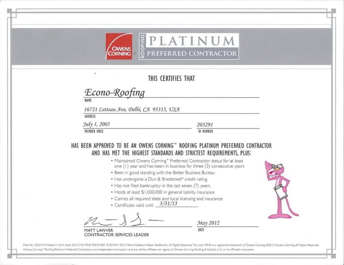 Owens Corning Platinum Preferred Contractor certificate issued to Econo-Roofing, 16721 Letteau Ave Delhi CA 95315, ID 203291, Member since July 1 2005, dated May 2012.