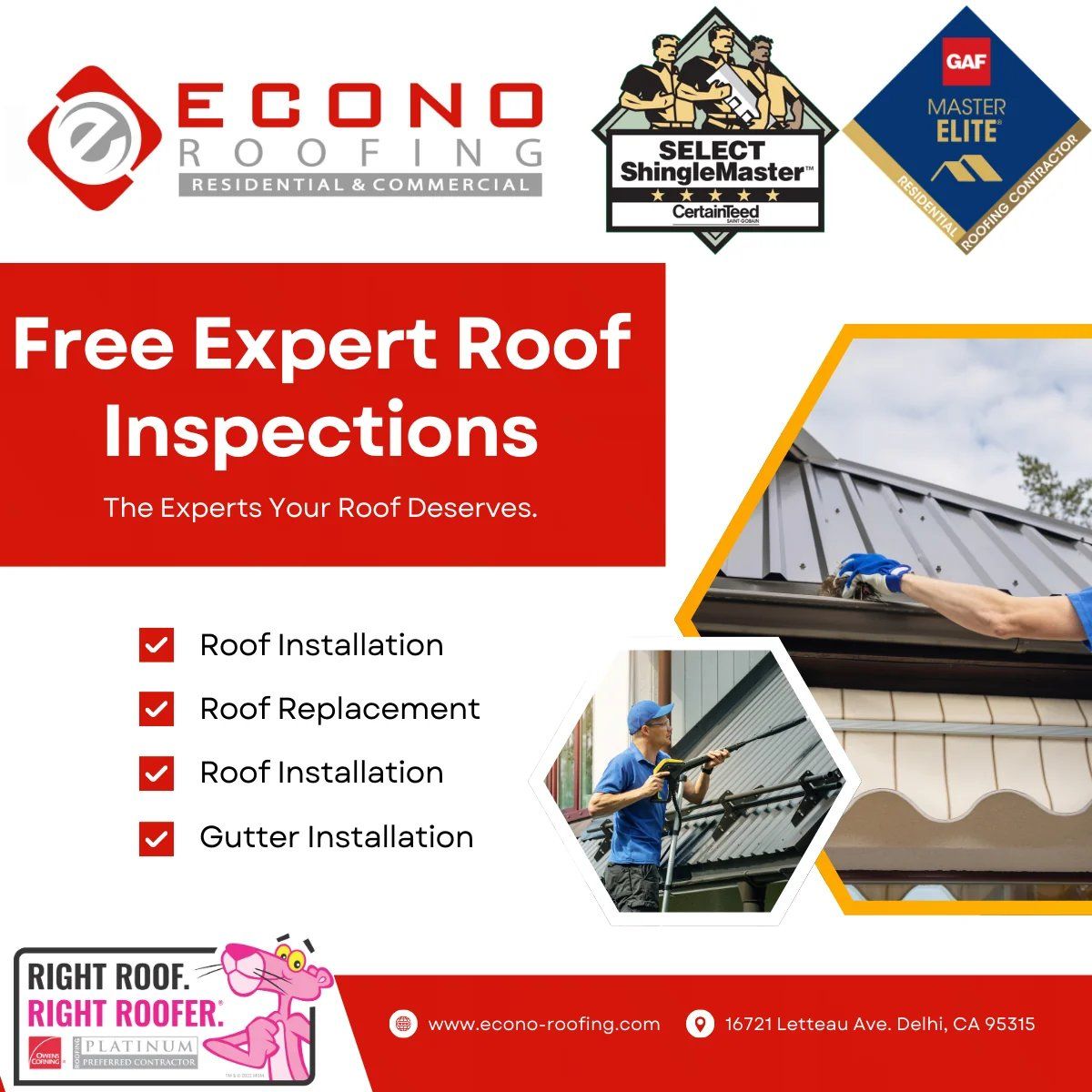 Free Roof Inspections by Econo Roofing — branded illustration showing CertainTeed and GAF Master Elite badges with a roof inspector on a metal roof and a homeowner walkthrough.